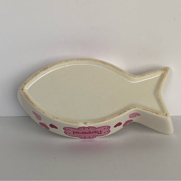 Cat Bowl Fish Shaped Ceramic “Pampered” White Pink. 8” Long Water Food Kitty - Picture 11 of 14